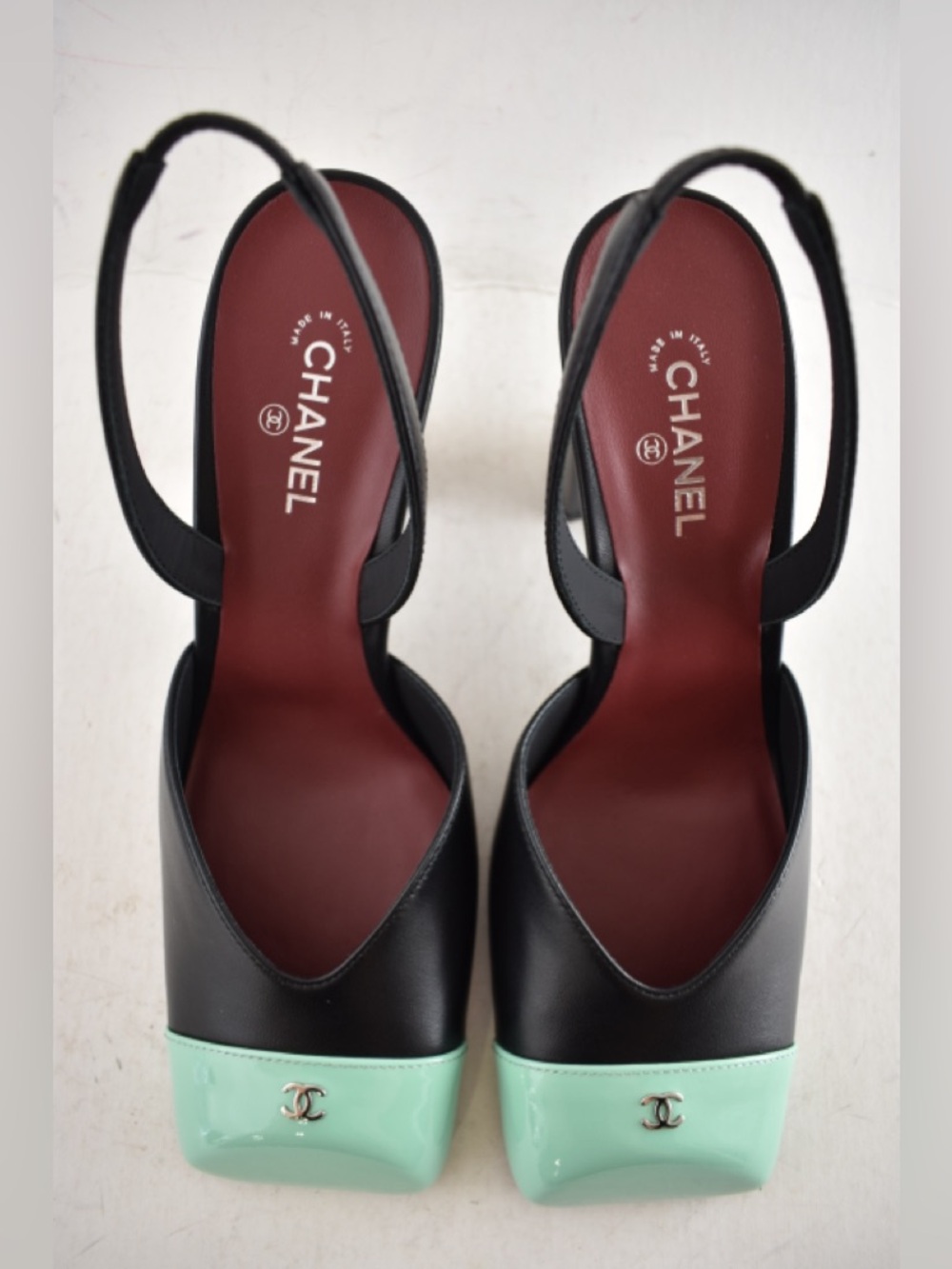 Chanel 26S Blazy Black Mint Green Square CC Sling Slingback Block Heel Pump 37.5 - Picture 8 of 16